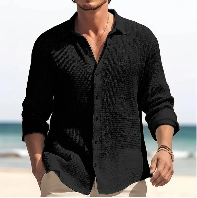 Men's Long-Sleeved Waffle Shirt - Casual Fashion Black Cardigan for Spring 2025