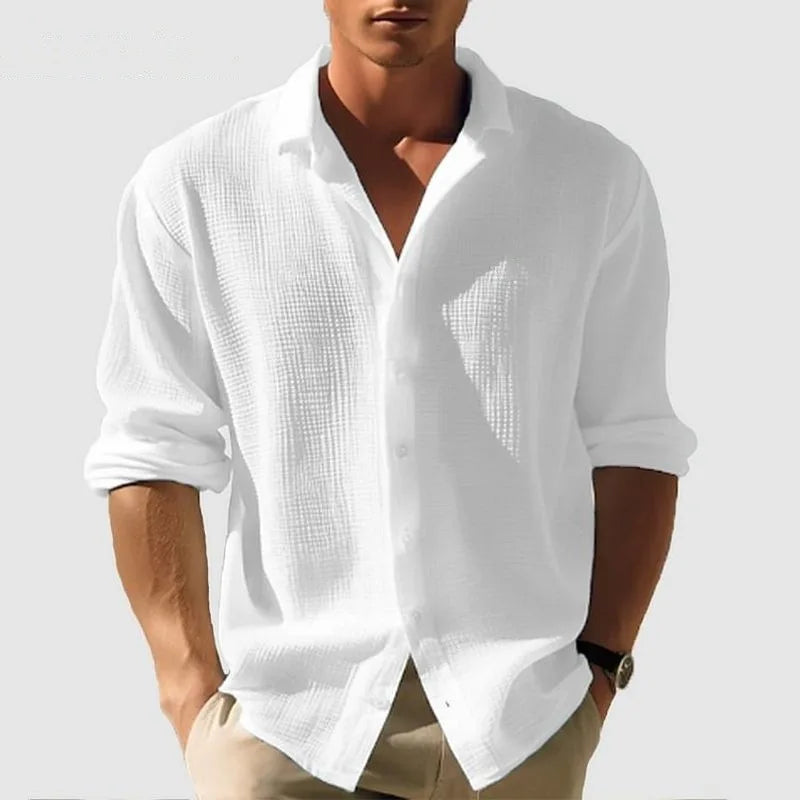 Men's Long-Sleeved Waffle Shirt - Casual Fashion Black Cardigan for Spring 2025