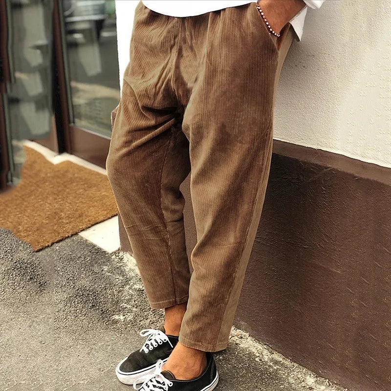 Vintage Corduroy Pants Men Solid Mid Waist Straight Long Trousers Casual Summer Streetwear Fashion