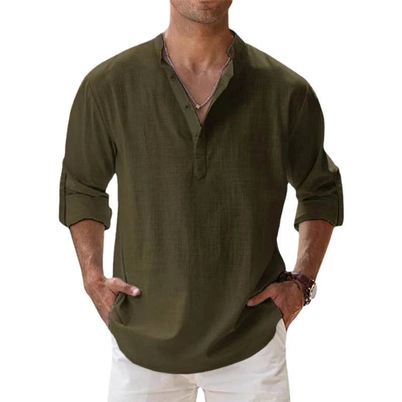 Linen Long Sleeve Breathable Shirt Tops S-5XL Casual Solid Color Fashion