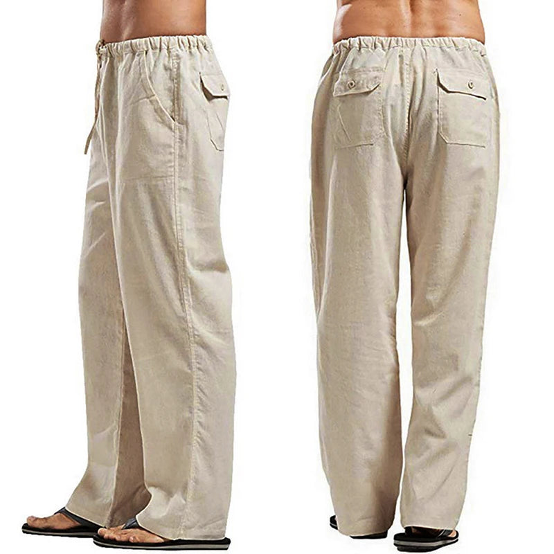 Solid Color Multi-Pocket Linen Men Pants - Casual Breathable Summer Trouser, Large Size