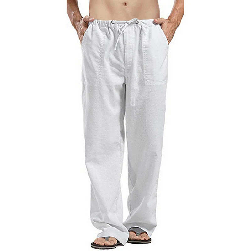 Solid Color Multi-Pocket Linen Men Pants - Casual Breathable Summer Trouser, Large Size