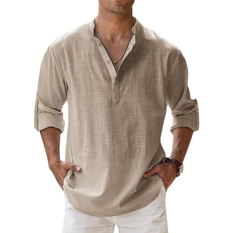 Linen Long Sleeve Breathable Shirt Tops S-5XL Casual Solid Color Fashion