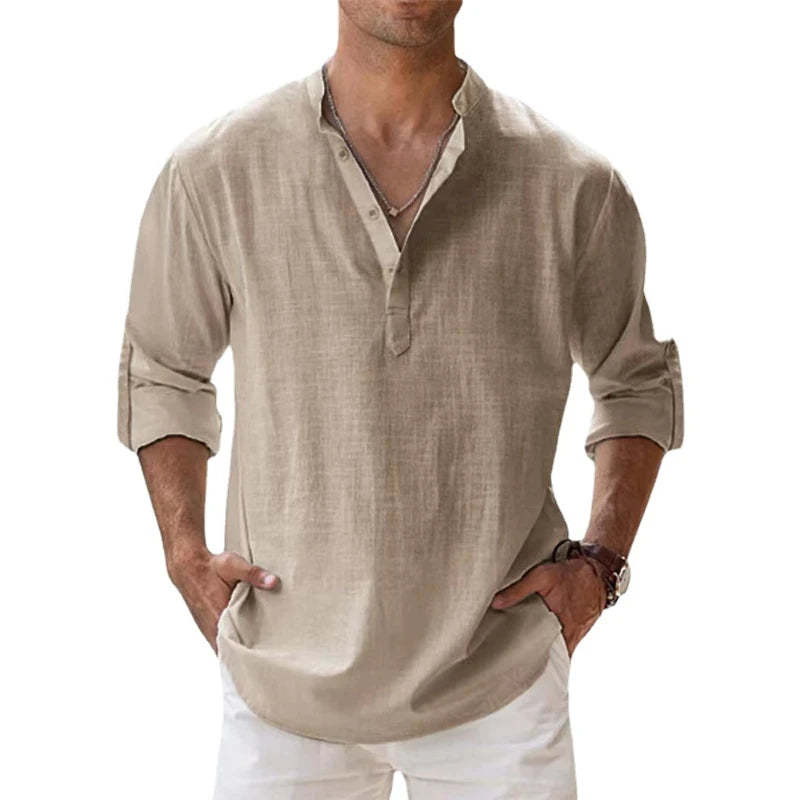 Linen Long Sleeve Breathable Shirt Tops S-5XL Casual Solid Color Fashion