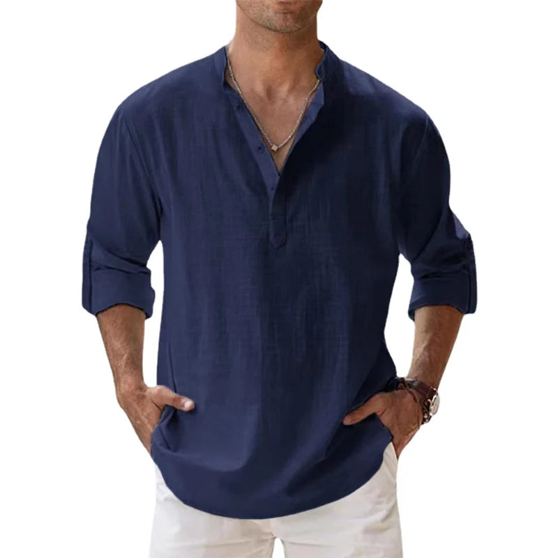Linen Long Sleeve Breathable Shirt Tops S-5XL Casual Solid Color Fashion