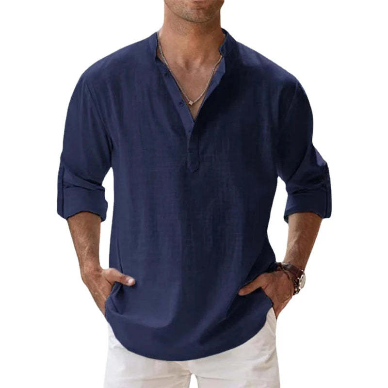 Linen Long Sleeve Breathable Shirt Tops S-5XL Casual Solid Color Fashion
