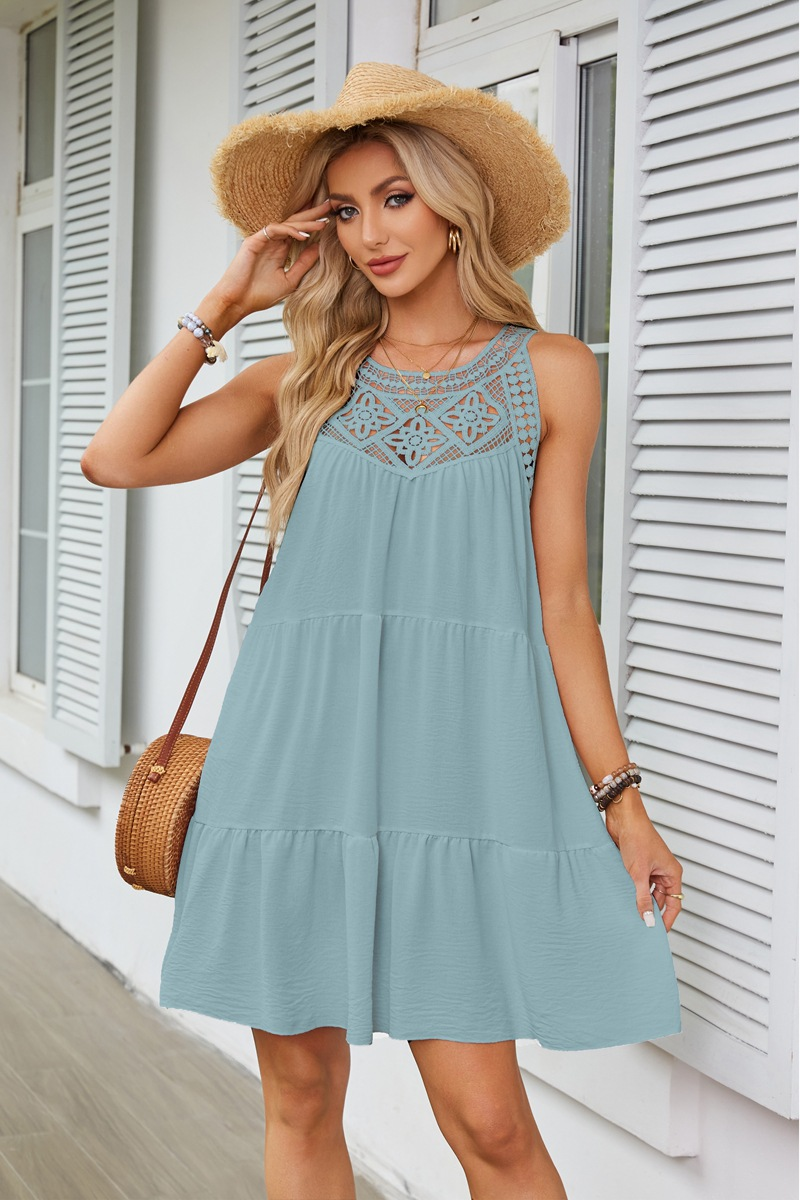 Hollow-out Lace Paneled Halter A-line Dress