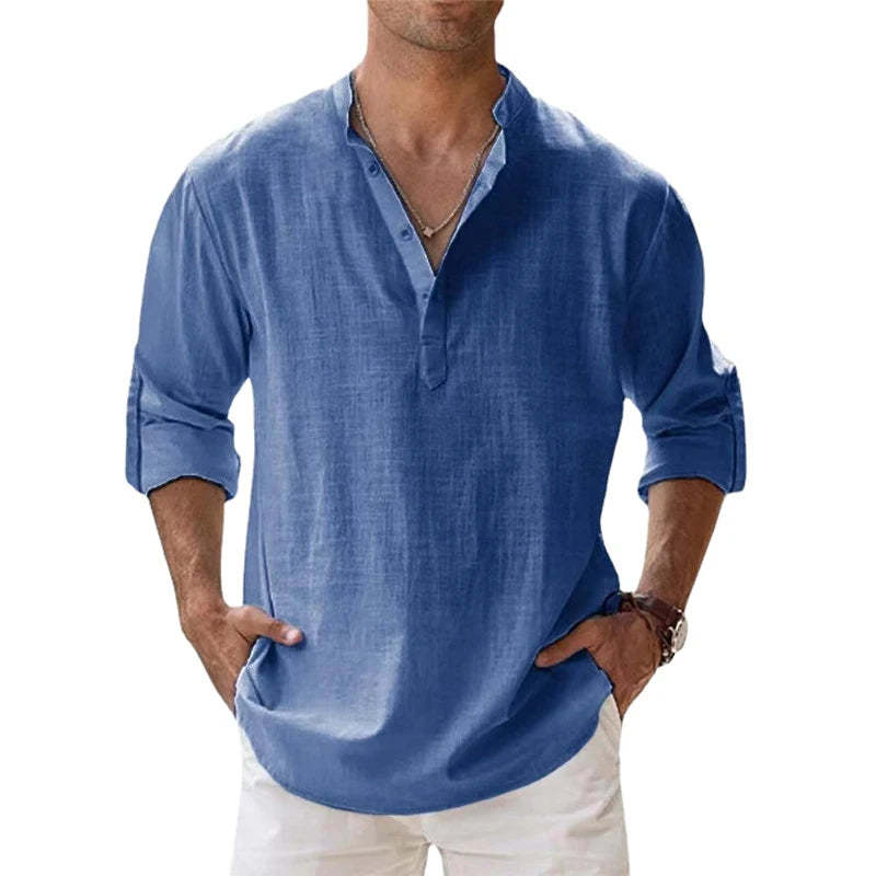 Linen Long Sleeve Breathable Shirt Tops S-5XL Casual Solid Color Fashion