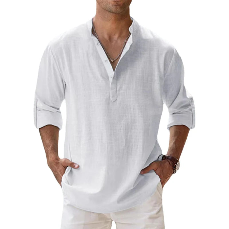 Linen Long Sleeve Breathable Shirt Tops S-5XL Casual Solid Color Fashion