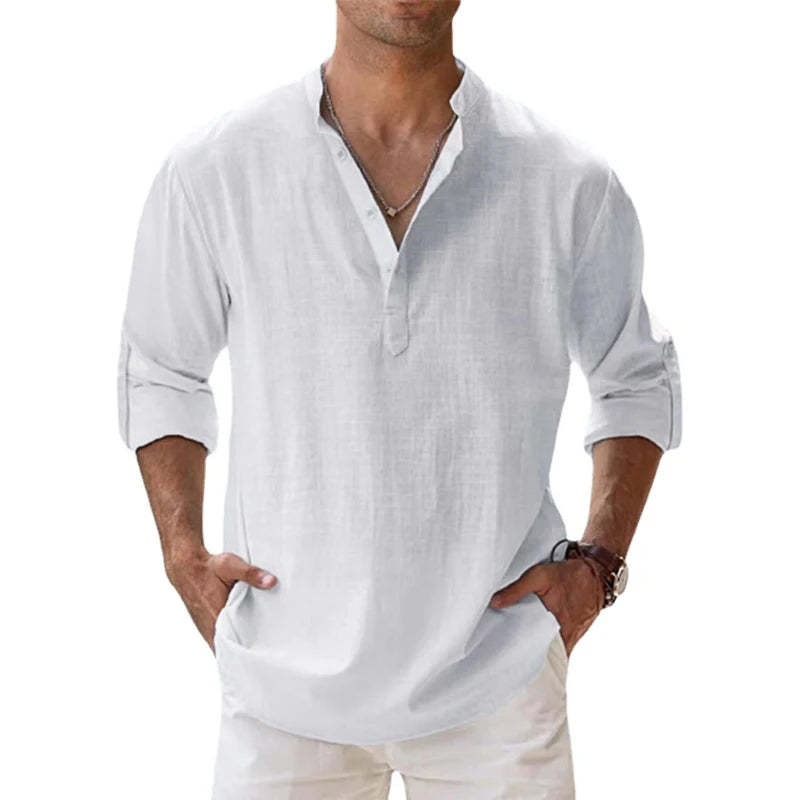 Linen Long Sleeve Breathable Shirt Tops S-5XL Casual Solid Color Fashion
