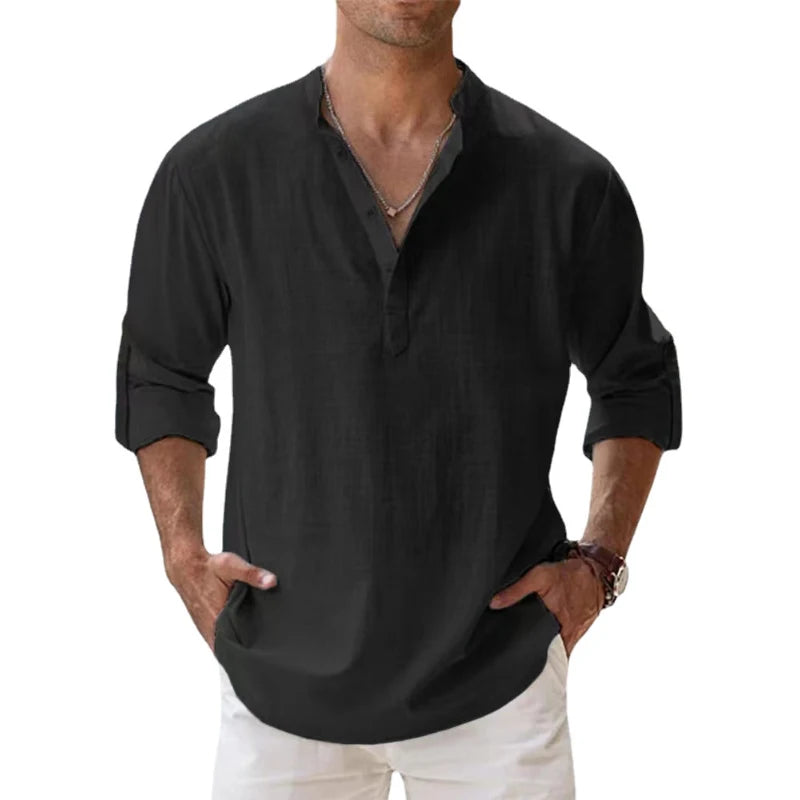 Linen Long Sleeve Breathable Shirt Tops S-5XL Casual Solid Color Fashion