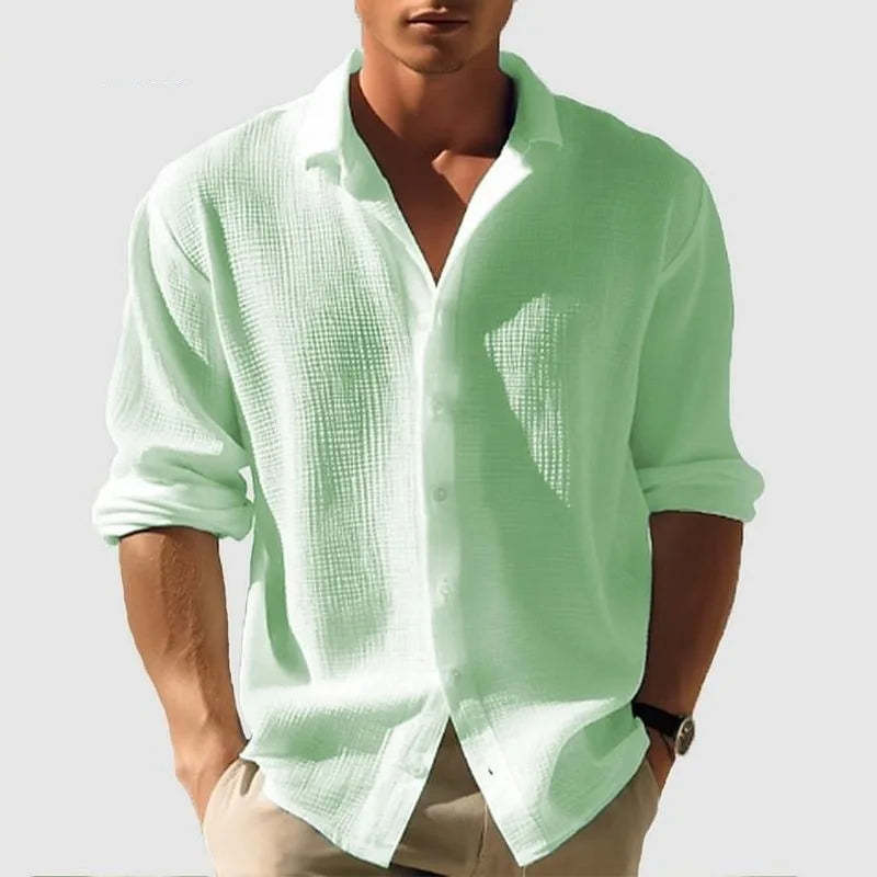 Men's Long-Sleeved Waffle Shirt - Casual Fashion Black Cardigan for Spring 2025