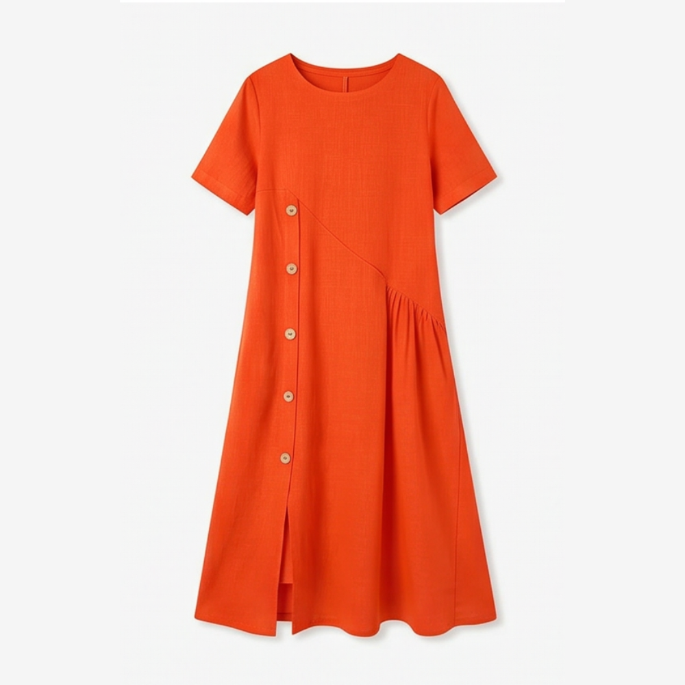 liftesup™ – Cotton-Linen Asymmetric Button Midi Dress
