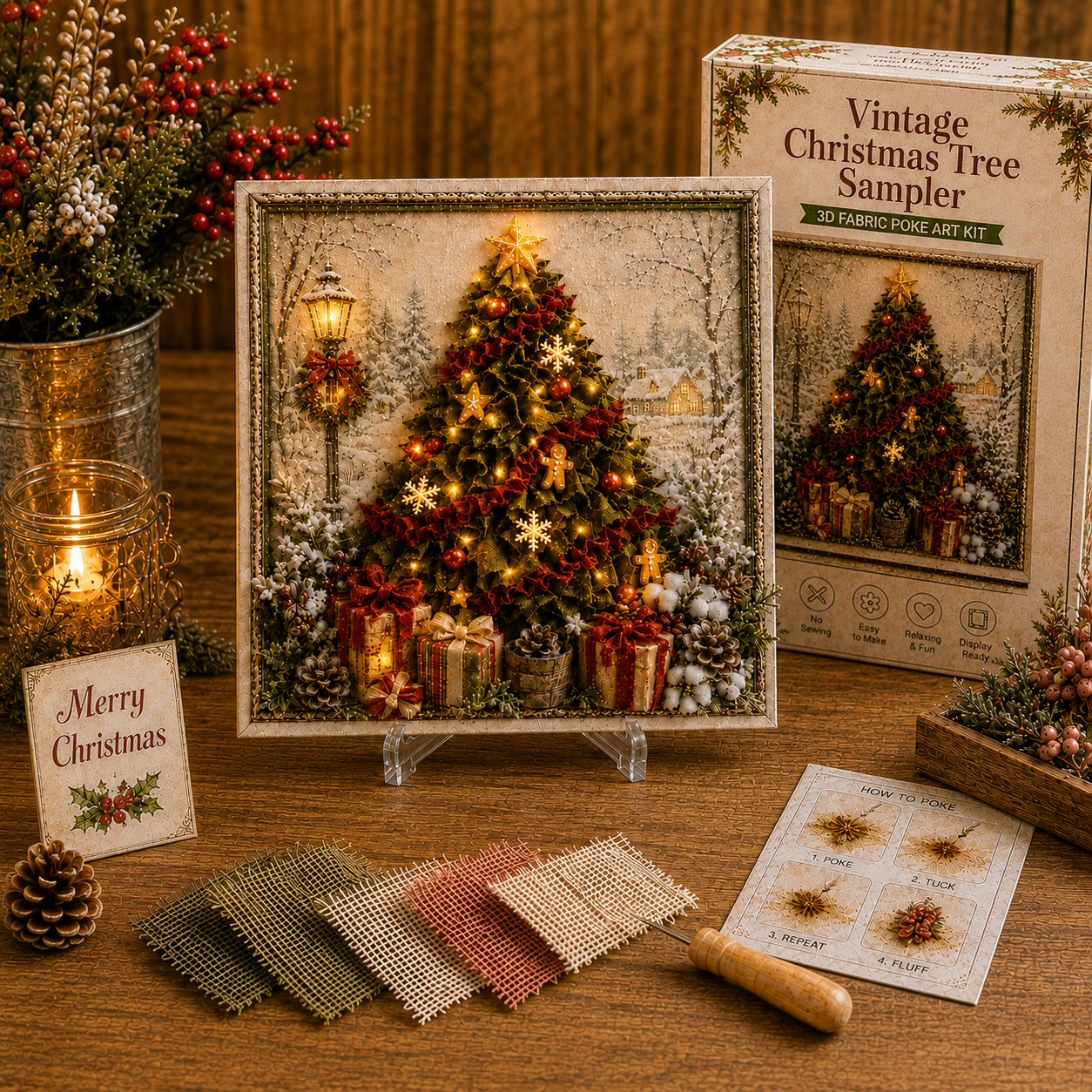 🎄🧵 Premium 3D Christmas Fabric Poke Art Kit | No-Sew Holiday Craft with Pre-Punched Board, Fabric Squares & Display Stand 🎅✨