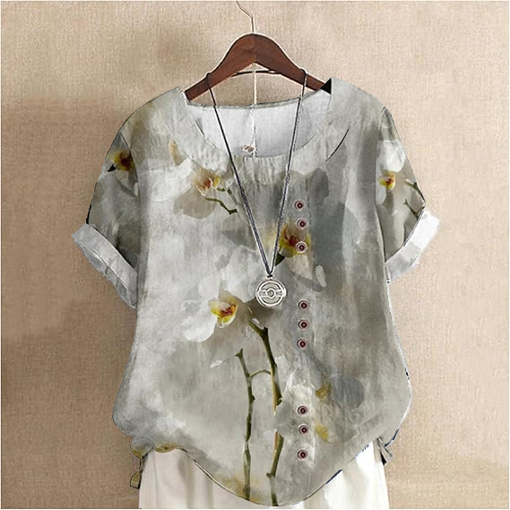 Women's Elegant Watercolor Art Simple Flowers Cotton And Linen Short S