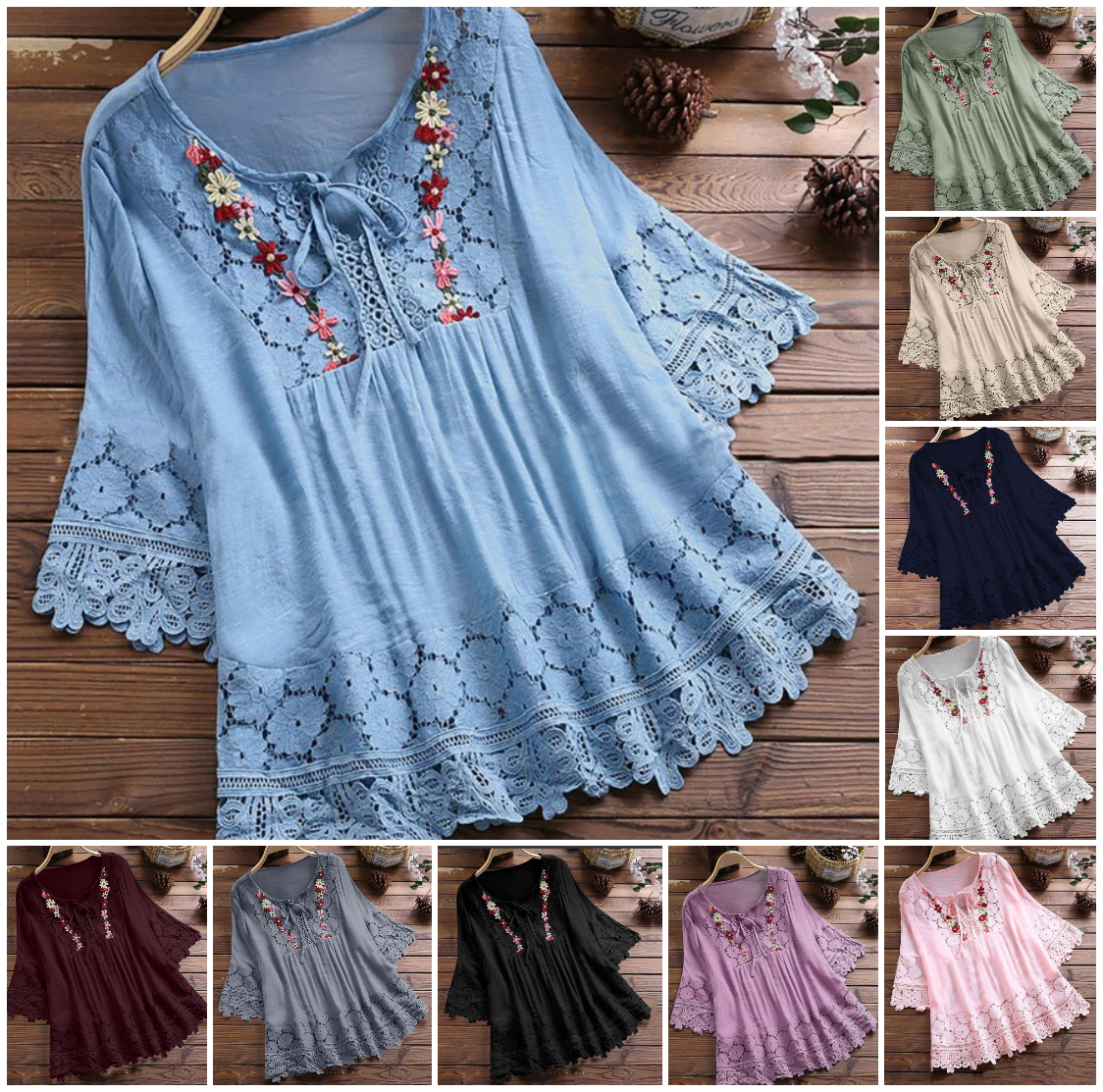 Women's Blouses Loose Belted Lace 3/4 Sleeves Blouse