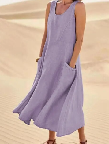 Women's Maxi Dress - Sleeveless Linen - Loose Fit with Pockets - Flowy Casual Wear