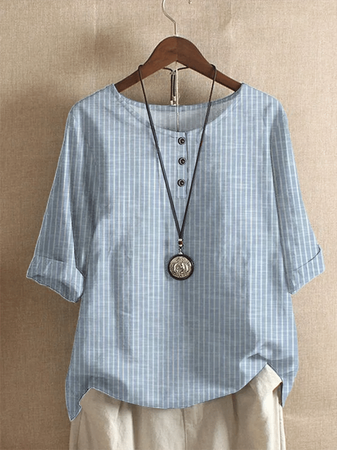 Women's Round Neck Loose Striped Button Top