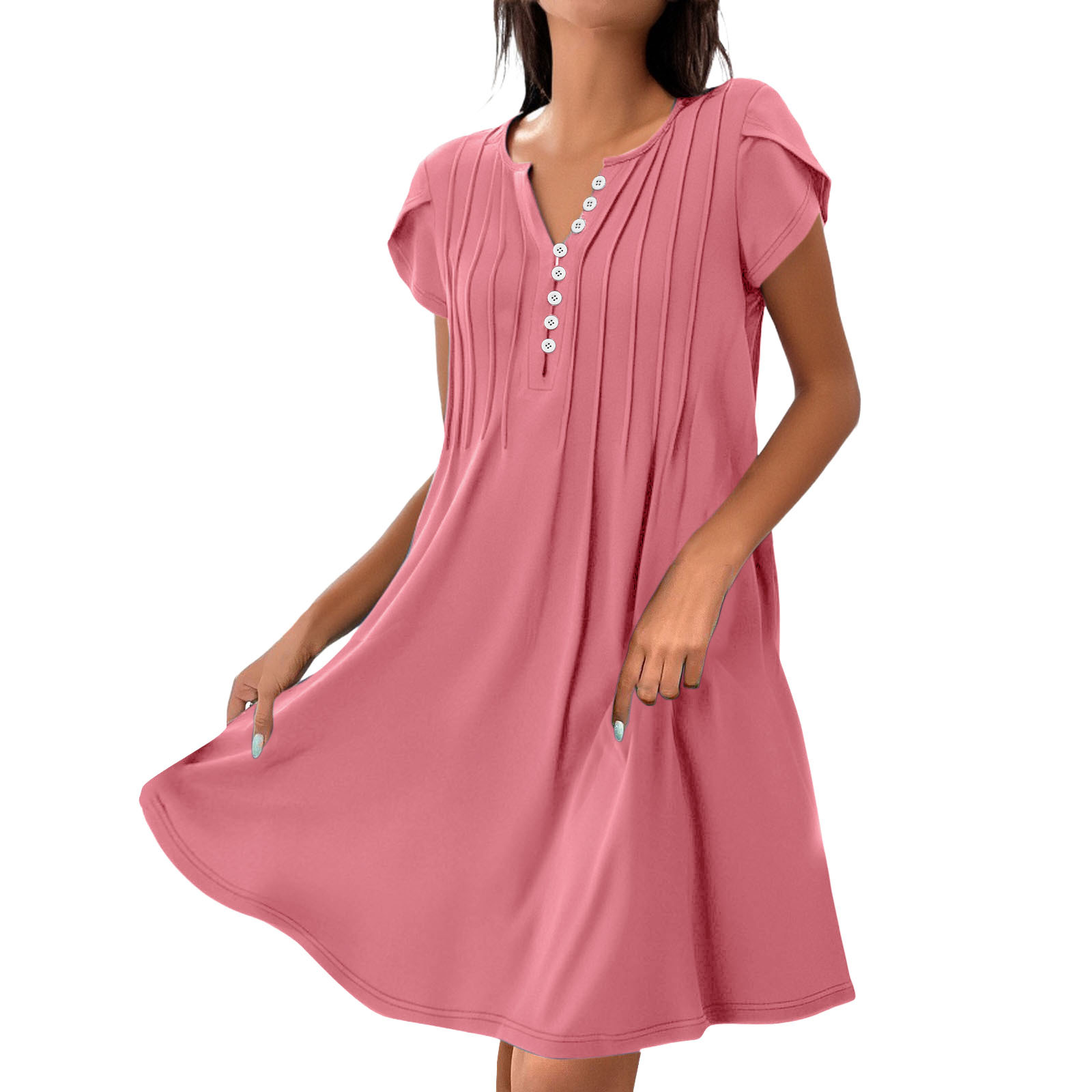 2025 V-Neck Solid Color Pullover Comfortable Casual Button Dress