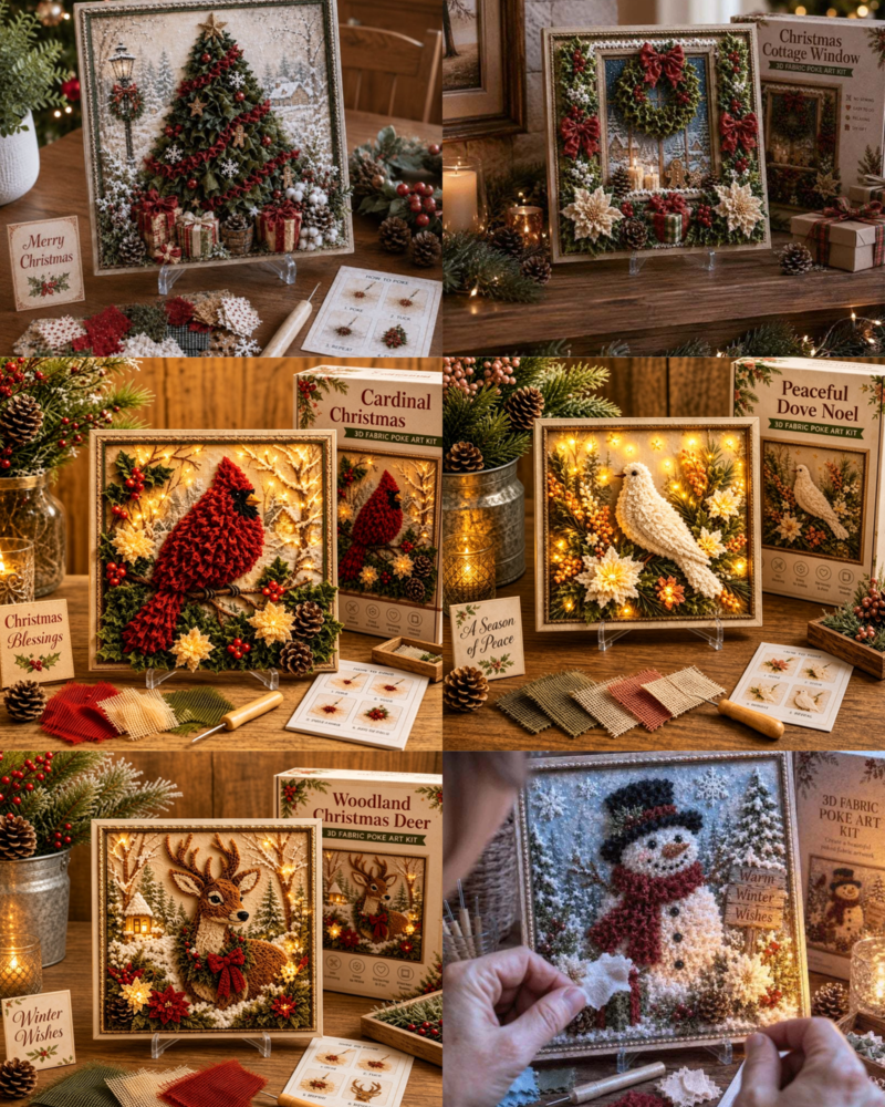 🎄🧵 Premium 3D Christmas Fabric Poke Art Kit | No-Sew Holiday Craft with Pre-Punched Board, Fabric Squares & Display Stand 🎅✨