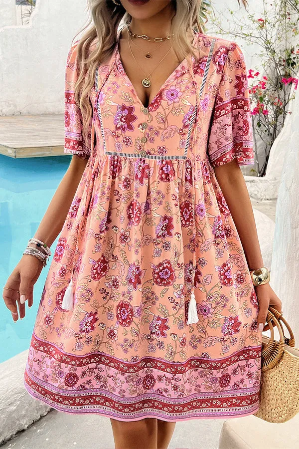 V Neck Floral Print Short Sleeve Mini Dress