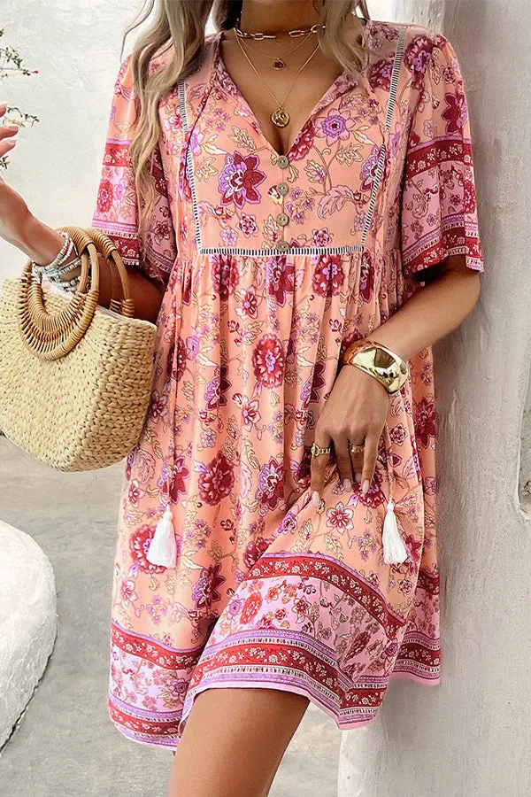 V Neck Floral Print Short Sleeve Mini Dress