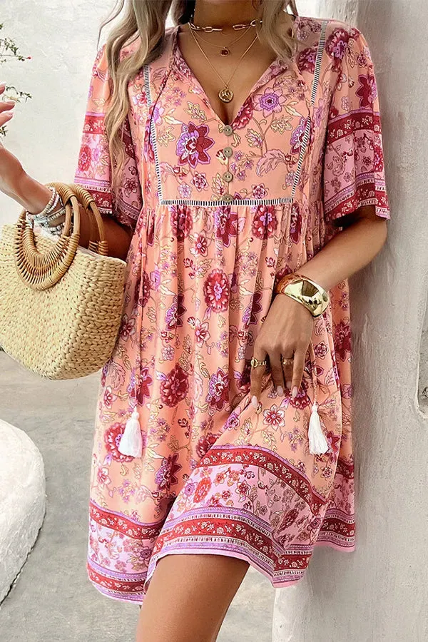 V Neck Floral Print Short Sleeve Mini Dress