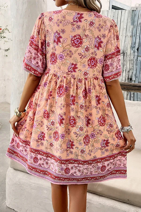 V Neck Floral Print Short Sleeve Mini Dress