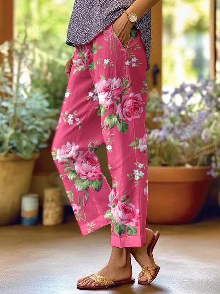 Women's Floral Print Loose-Fit Casual Pants with Pockets