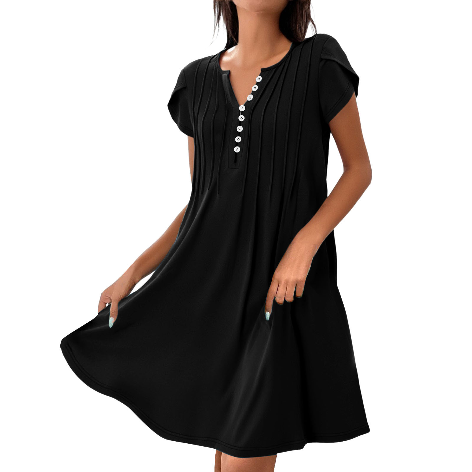 2025 V-Neck Solid Color Pullover Comfortable Casual Button Dress