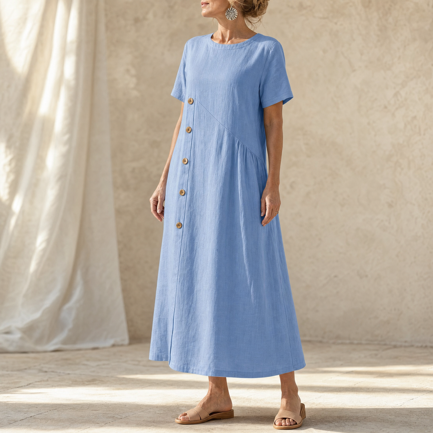 liftesup™ – Cotton-Linen Asymmetric Button Midi Dress