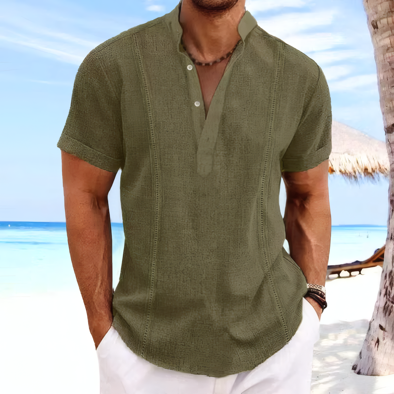 Summer Striped Linen Band‑Collar Shirt – Beach & Smart Short‑Sleeve