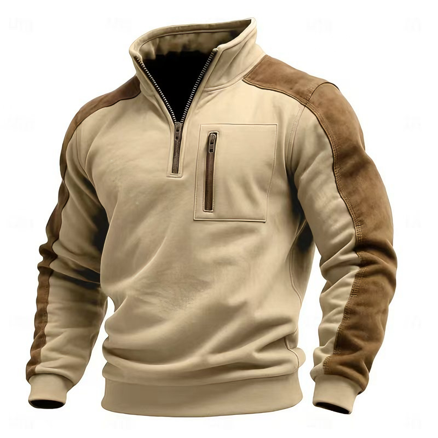 Men's stand-up collar pullover zip-up sweatshirt with suede trim
