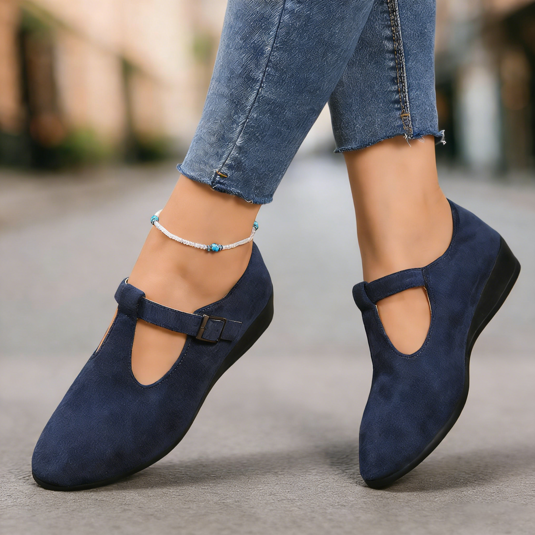 Women’s Casual Vintage Pointed-Toe Wedge Loafer with Buckle Strap