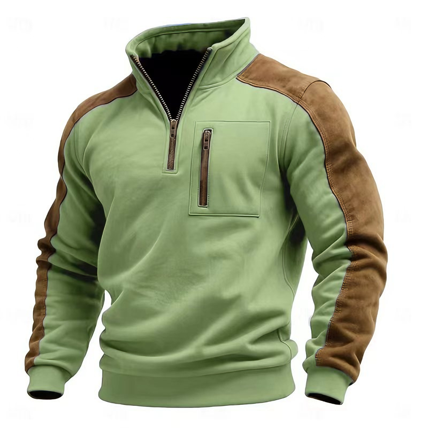 Men's stand-up collar pullover zip-up sweatshirt with suede trim