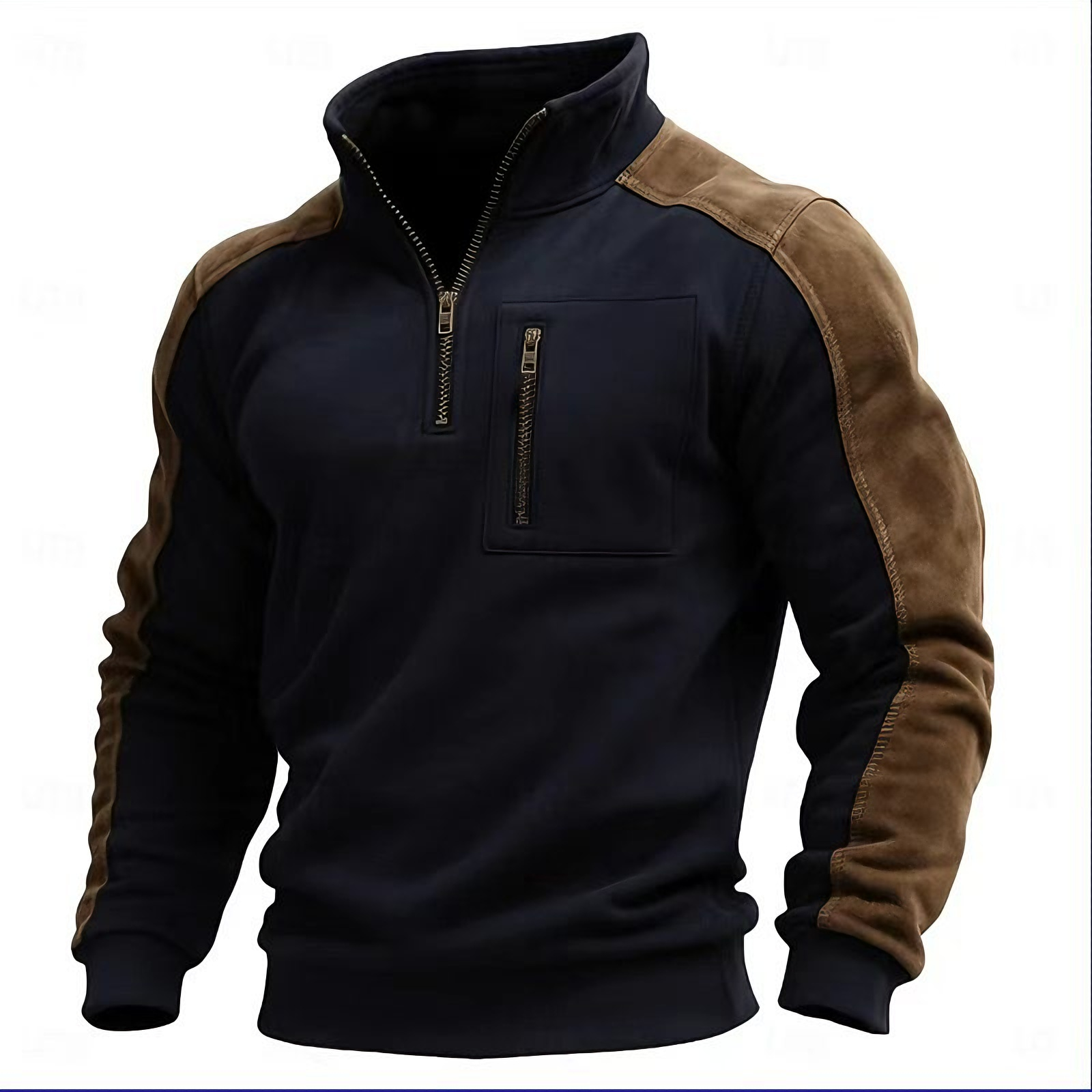Men's stand-up collar pullover zip-up sweatshirt with suede trim
