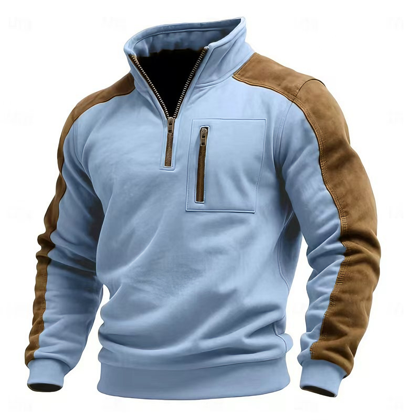 Men's stand-up collar pullover zip-up sweatshirt with suede trim