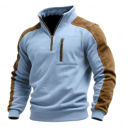 Men's stand-up collar pullover zip-up sweatshirt with suede trim