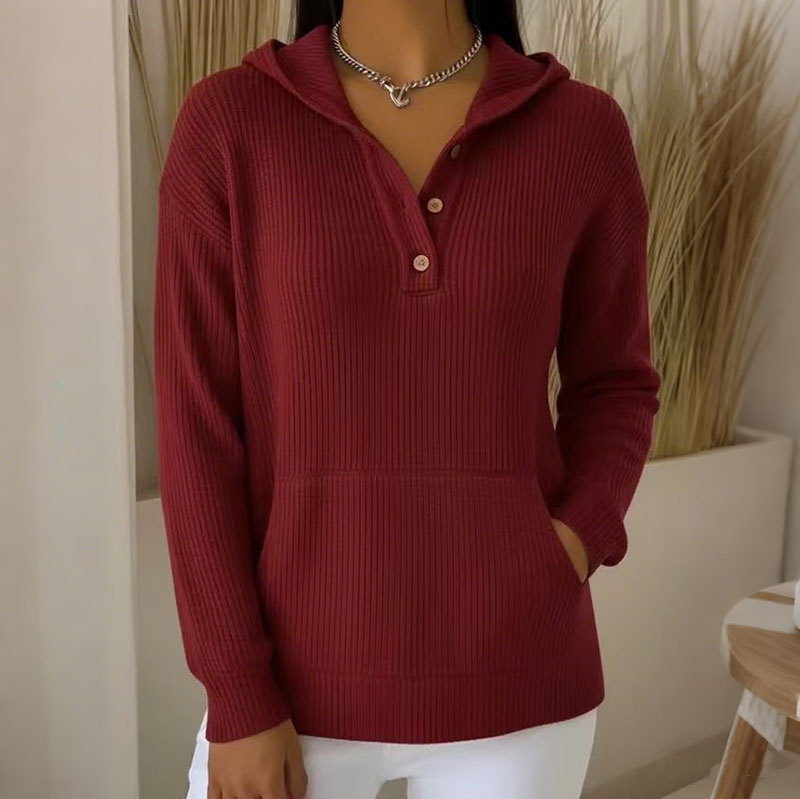 Women's Soft Solid Color Ribbed Hoodie with Button Pockets
