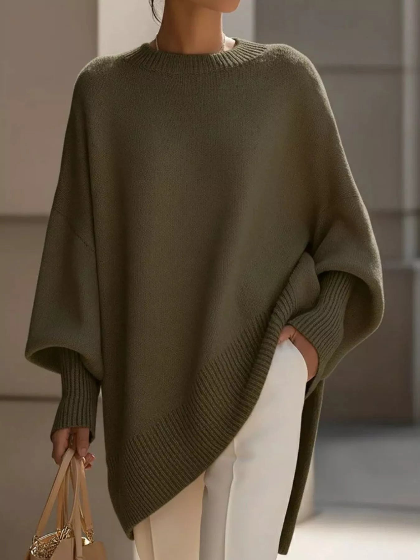 Elegant minimalist style loose knitted cape top