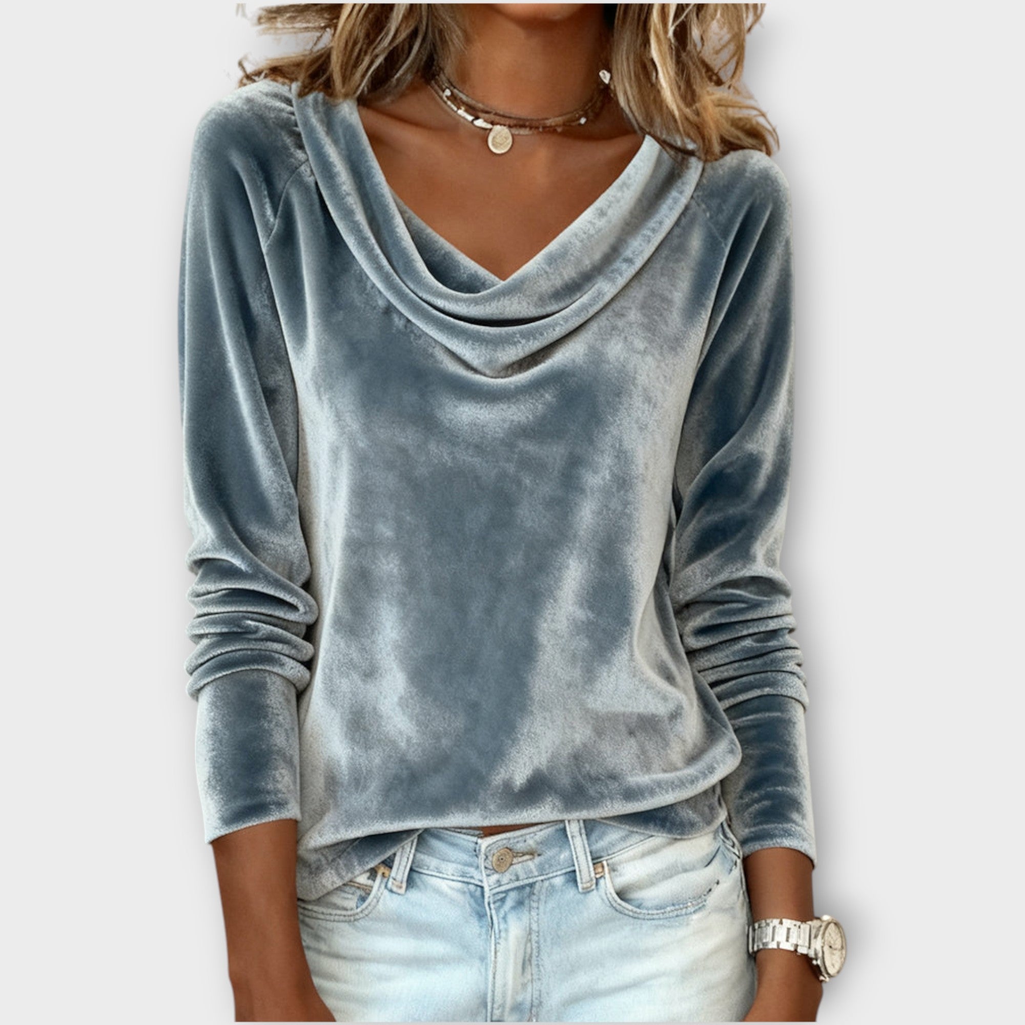 Velvet Draped Neck Long-Sleeve Top