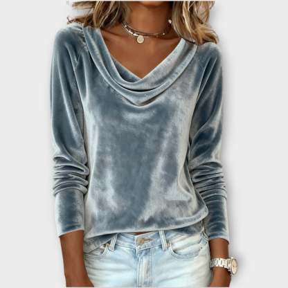 Velvet Draped Neck Long-Sleeve Top