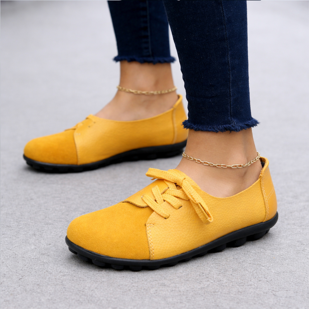 Women's genuine leather comfortable slip-on loafers, breathable shoes with laces