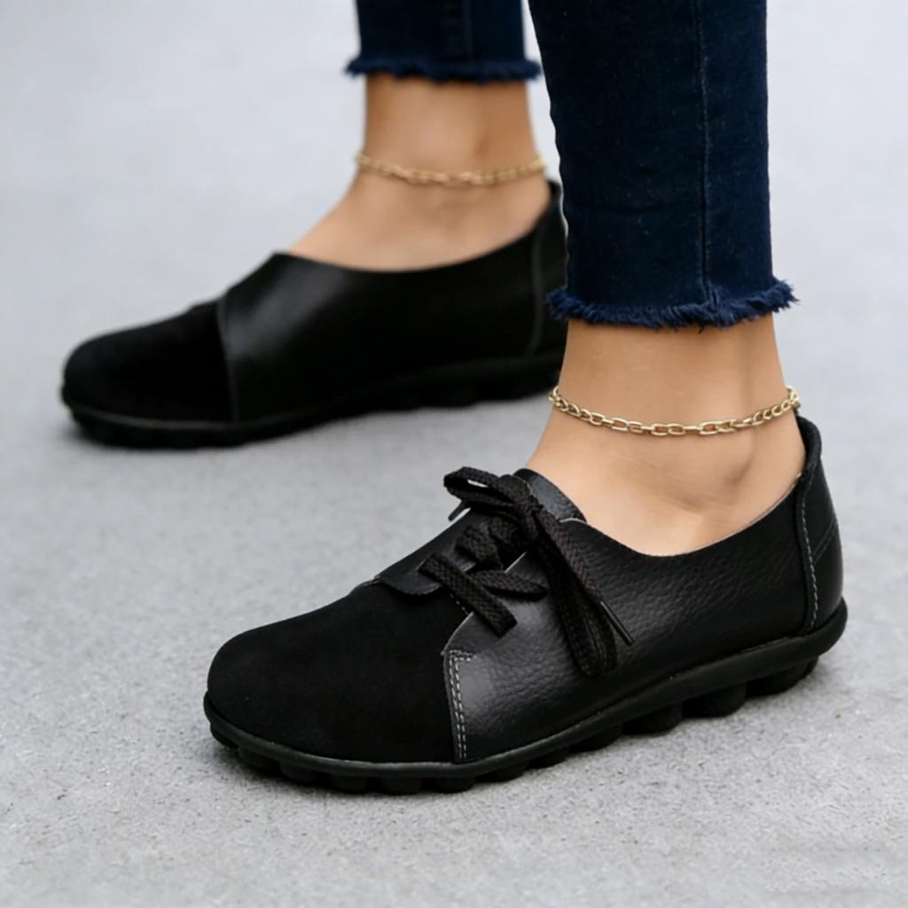 Women's genuine leather comfortable slip-on loafers, breathable shoes with laces