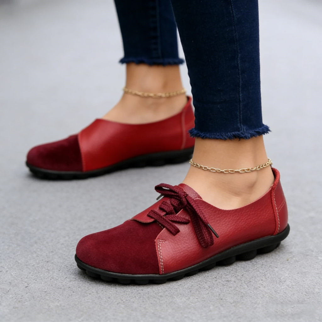 Women's genuine leather comfortable slip-on loafers, breathable shoes with laces