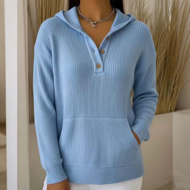 Women's Soft Solid Color Ribbed Hoodie with Button Pockets