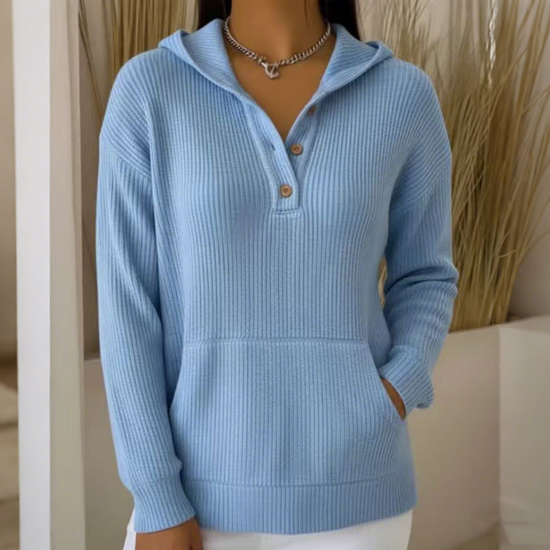 Women's Soft Solid Color Ribbed Hoodie with Button Pockets