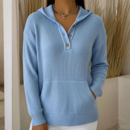 Women's Soft Solid Color Ribbed Hoodie with Button Pockets