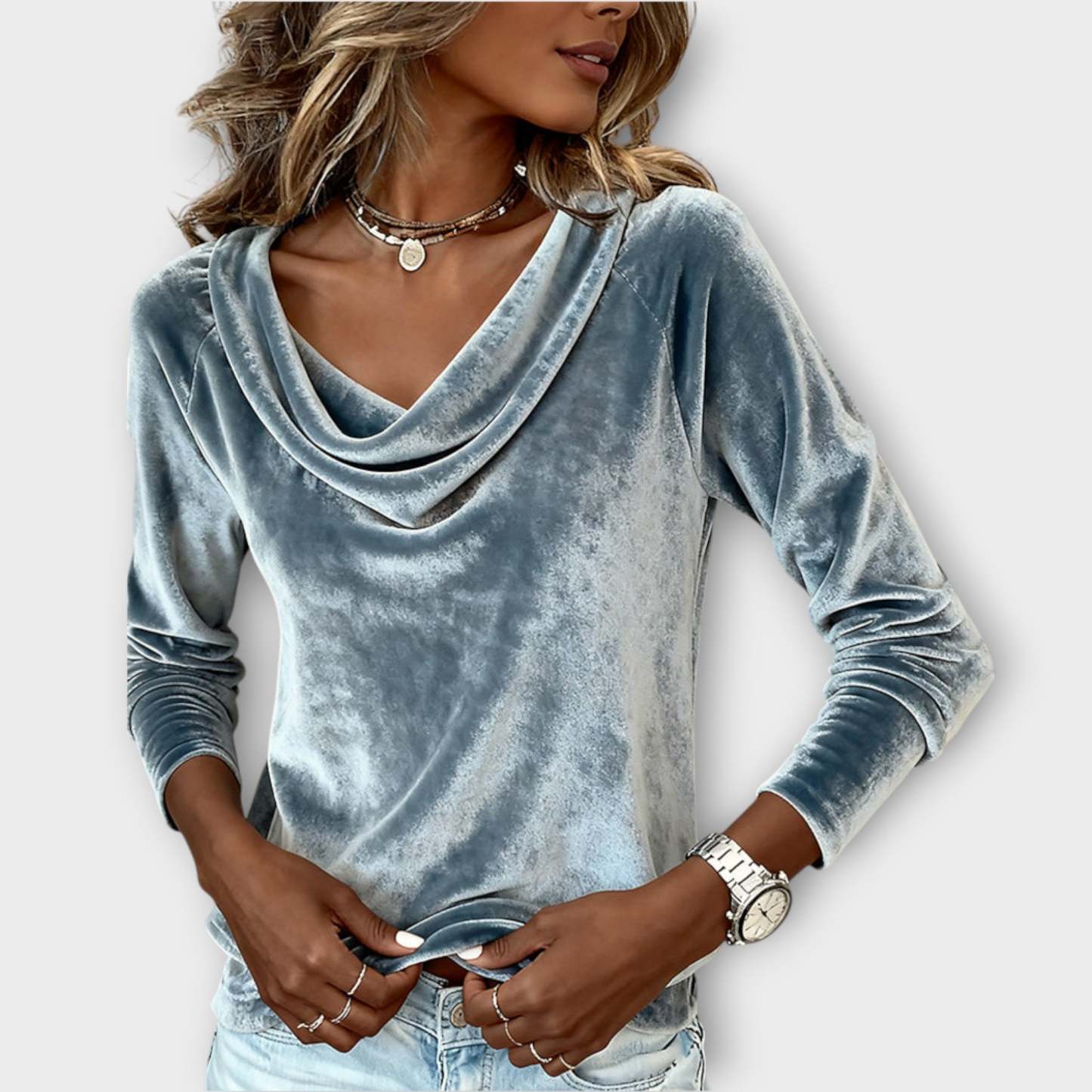 Velvet Draped Neck Long-Sleeve Top