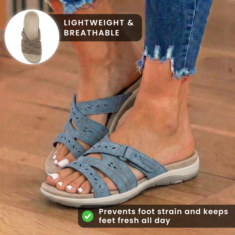 Women's Suede-Look Comfort Slide Sandals – Perforated Cutout & Adjustable Strap